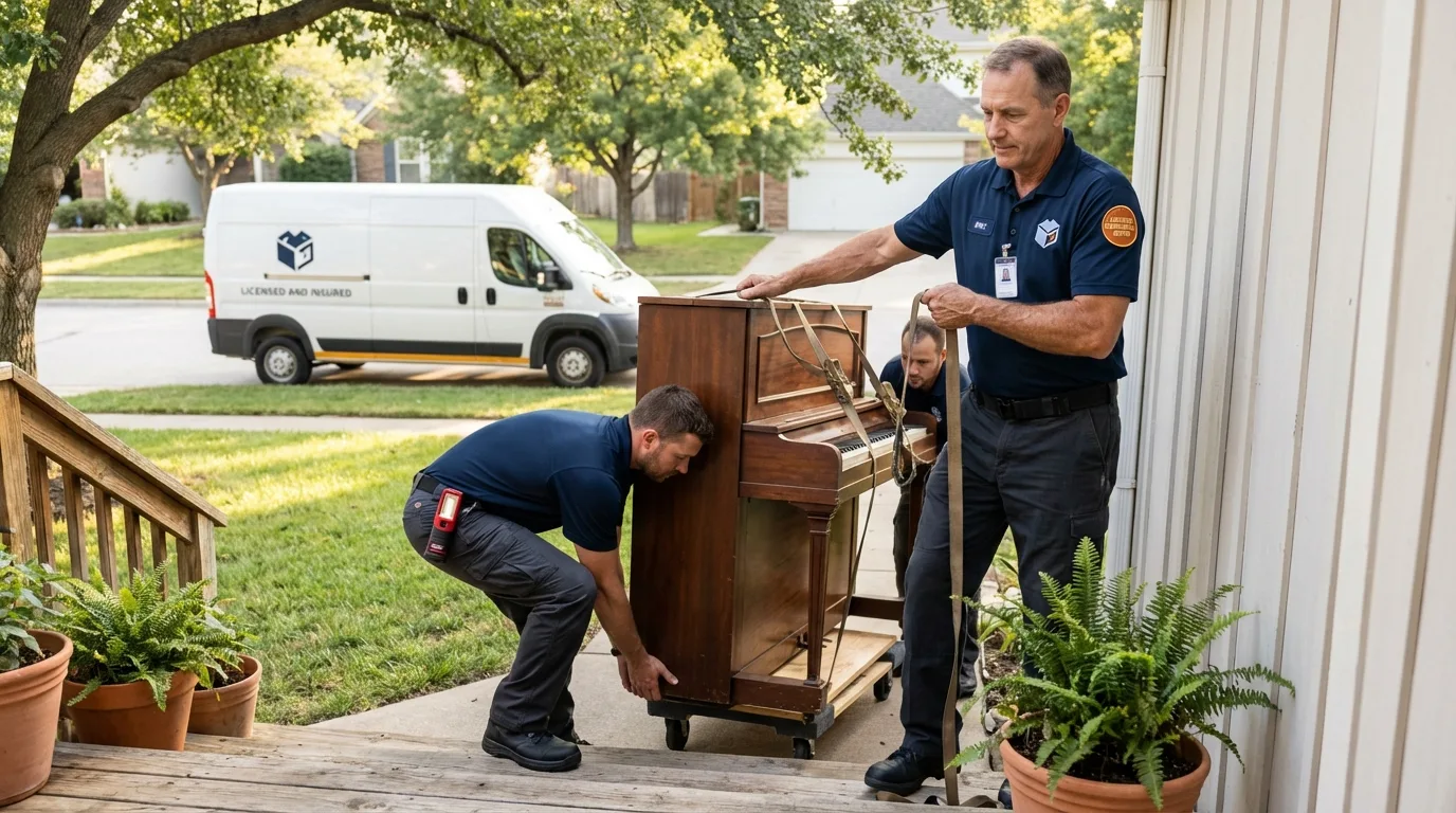 Licensed piano movers securing grand piano in Redgranite, WI
