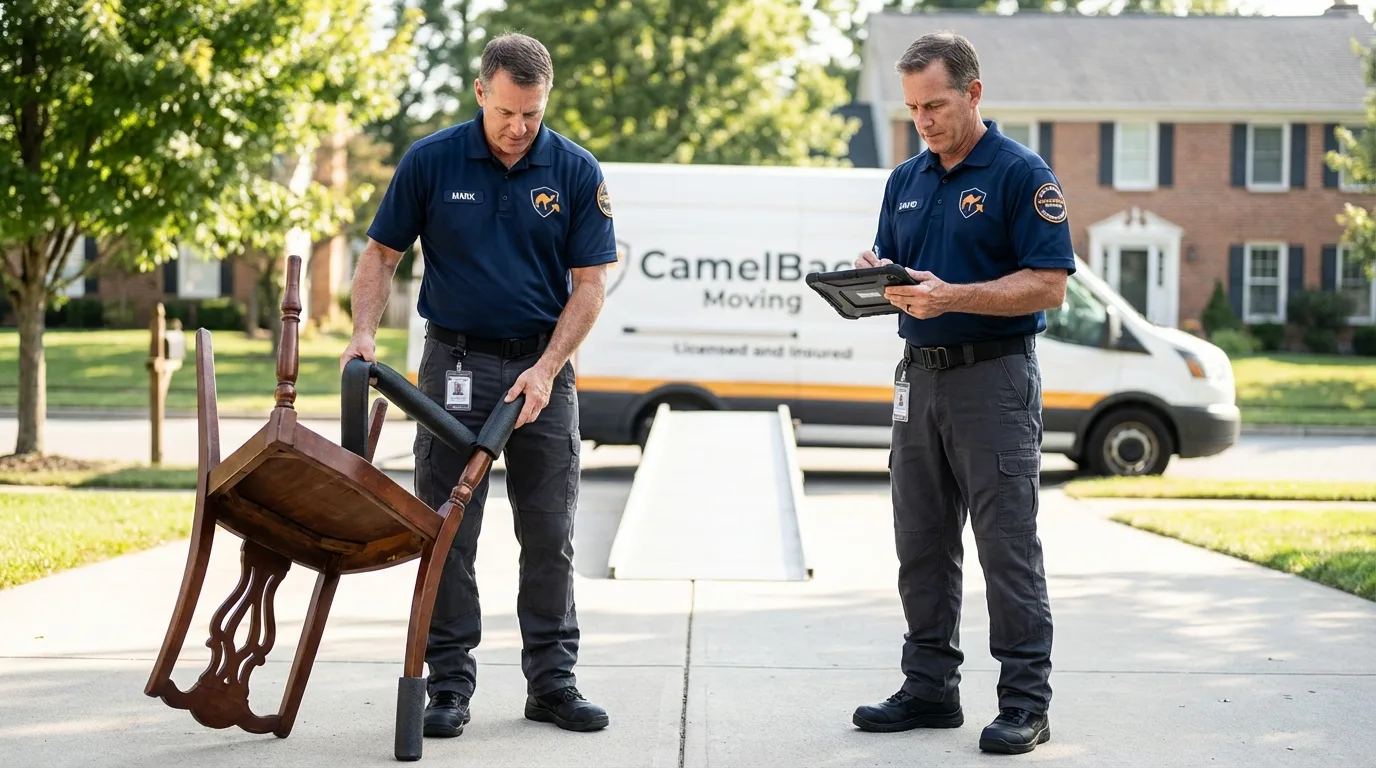 Movers inspecting furniture for damage prevention before loading in Redgranite, WI