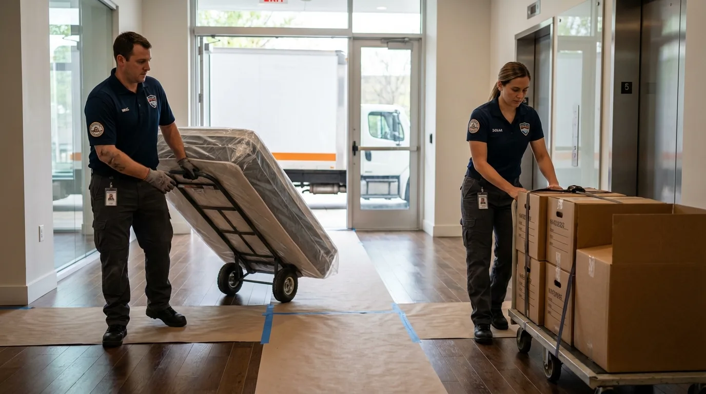 Professional apartment movers loading elevator in Redgranite, WI