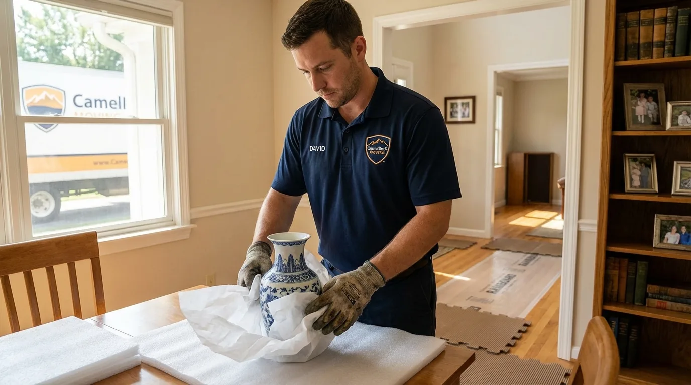 Professional crew carefully wrapping antique vase for senior downsizing move in Redgranite, WI